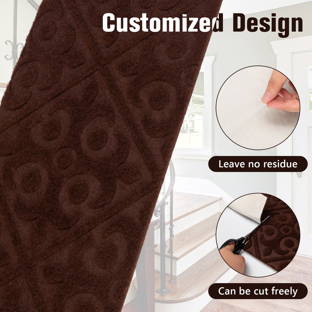 Brown Indoor Non-Slip Stair Carpet Mats - Protect & Reduce Noise, Reusable, Waterproof, 15 Pieces