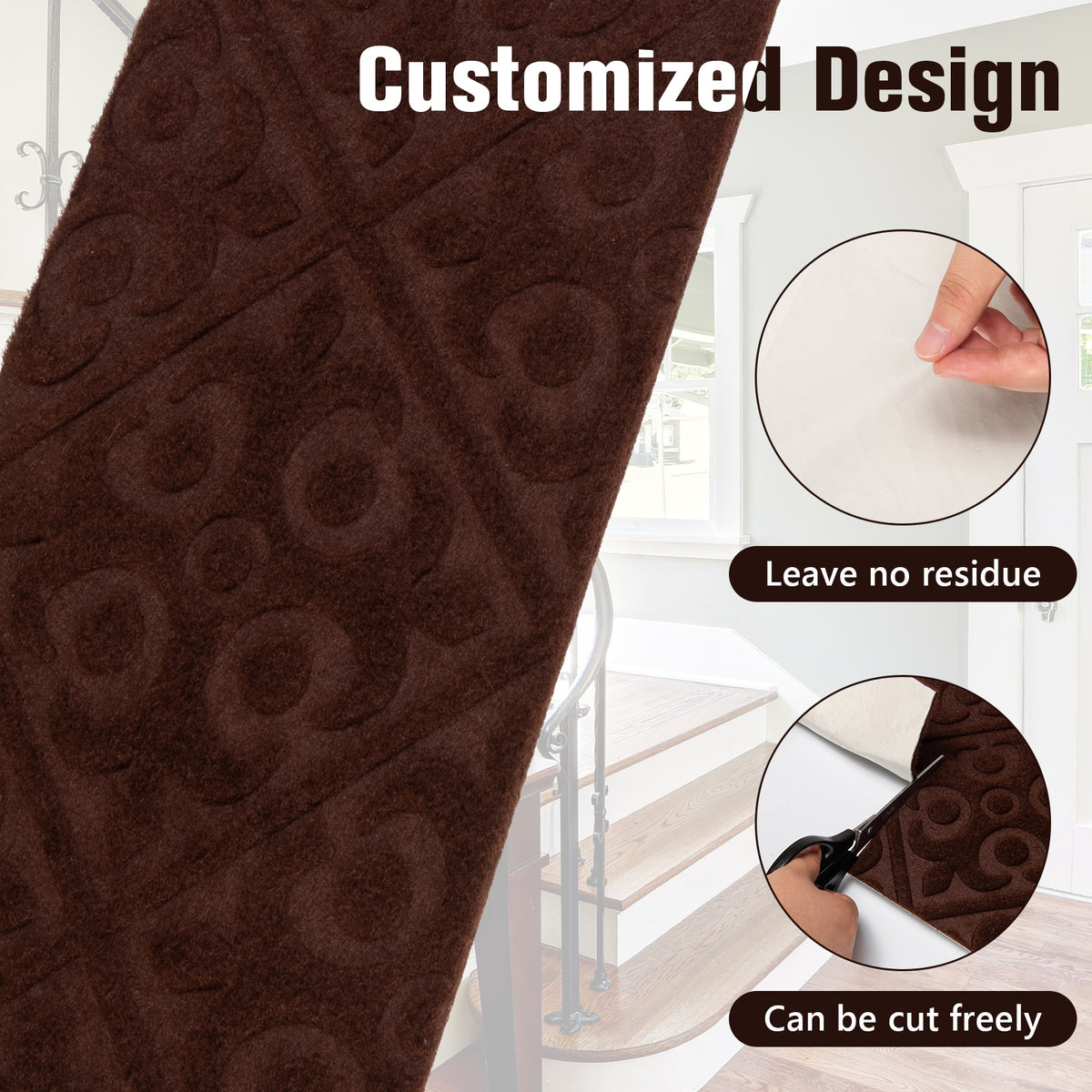 Brown Indoor Non-Slip Stair Carpet Mats - Protect & Reduce Noise, Reusable, Waterproof, 15 Pieces