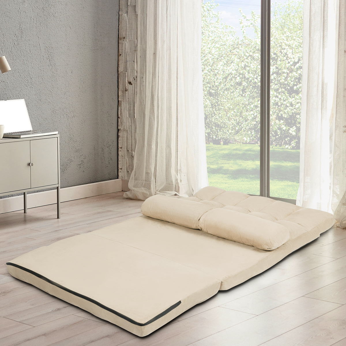 6-Position Foldable Floor Sofa Bed - Beige Composite Suede
