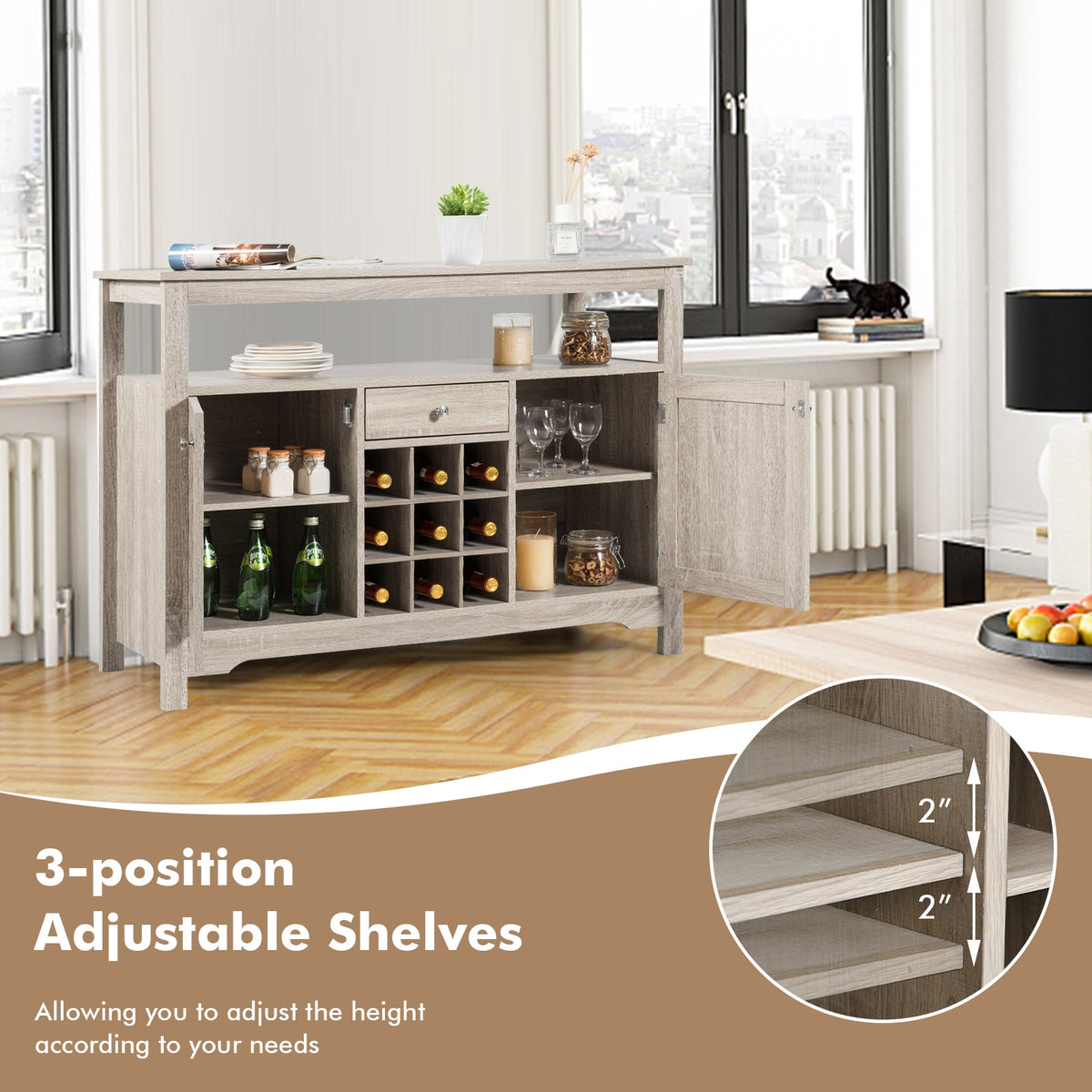 Buffet Sideboard with Wine Rack and Open Shelf - Gray
