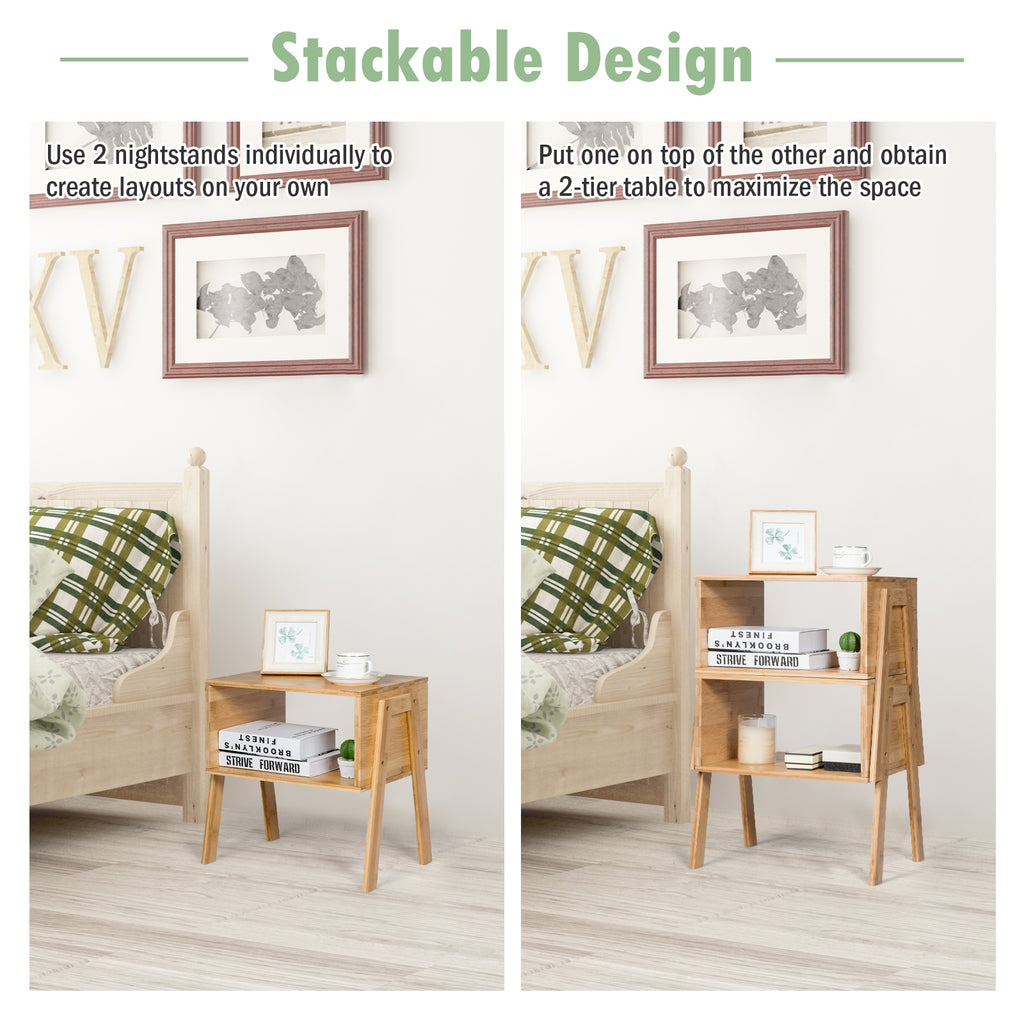 Bamboo Nightstand with Storage Shelf - 2 Pieces