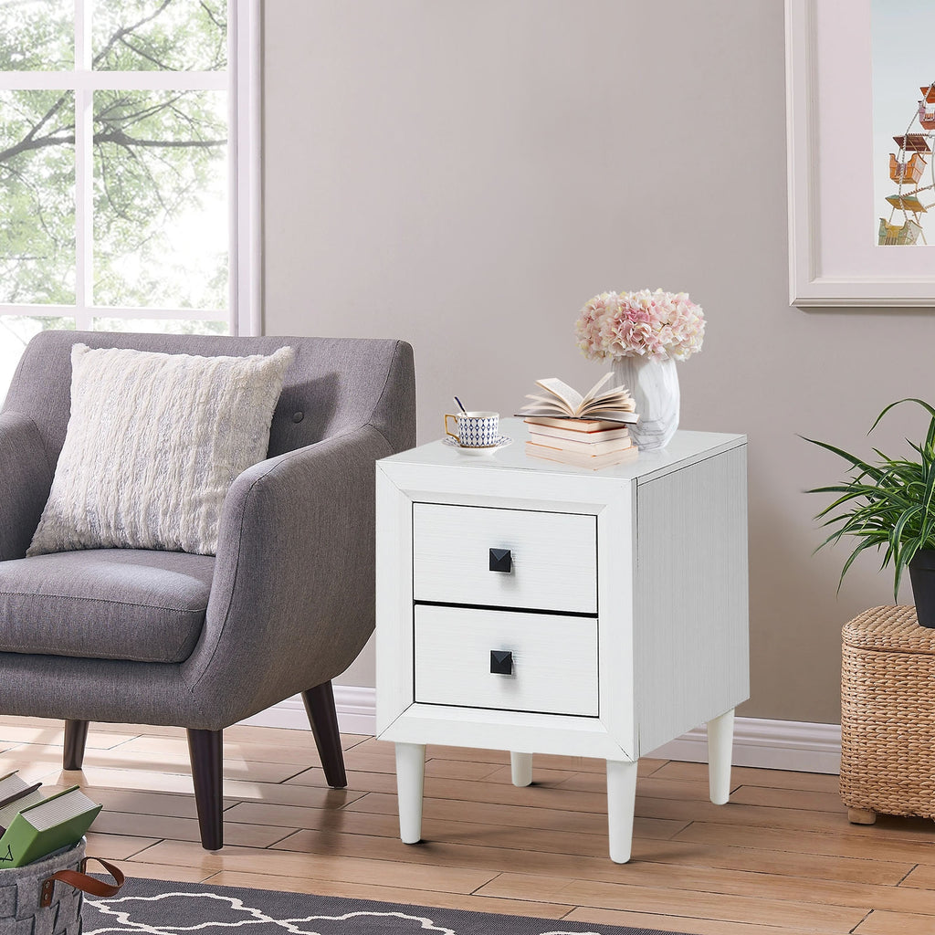 Retro Bedside Nightstand with 2 Drawers - White