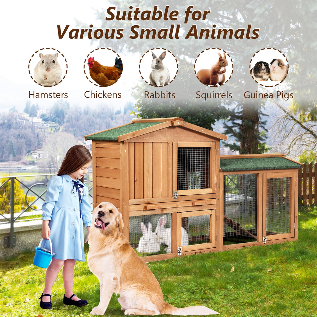 58 Inch Weatherproof Wooden Rabbit Hutch with Lockable Doors - Brown Variation