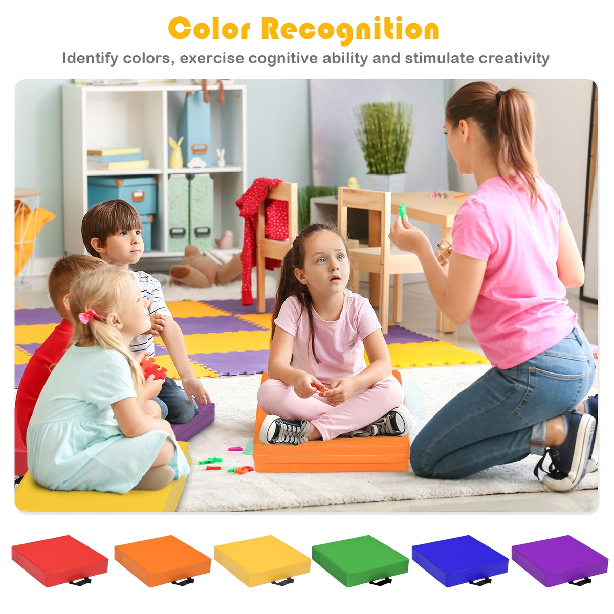 Multicolor 15 Inch Square Toddler Floor Cushions Set with Handles - 6 Pieces