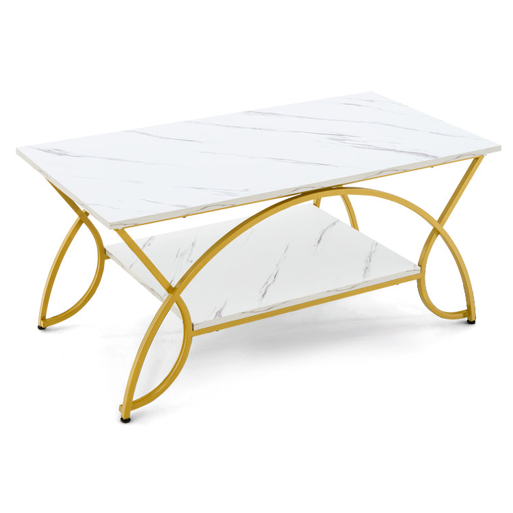 2-Tier Marble Coffee Table with Metal Frame, Black & White