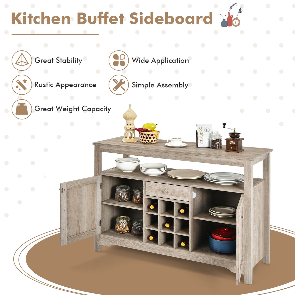 Buffet Sideboard with Wine Rack and Open Shelf - Gray
