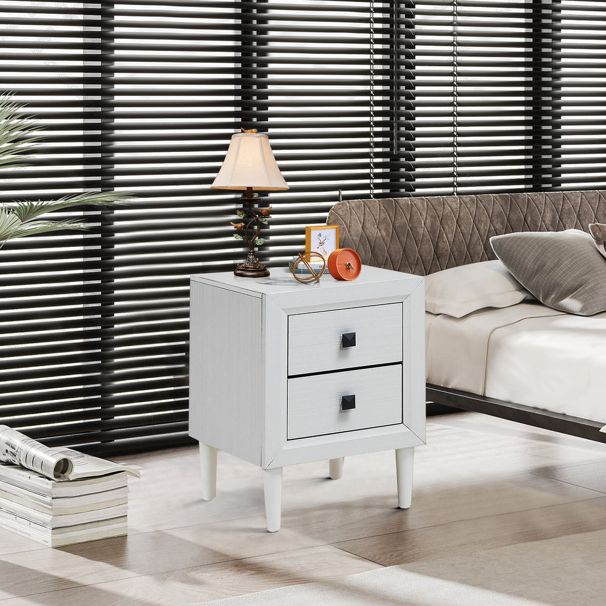 Retro Bedside Nightstand with 2 Drawers - White