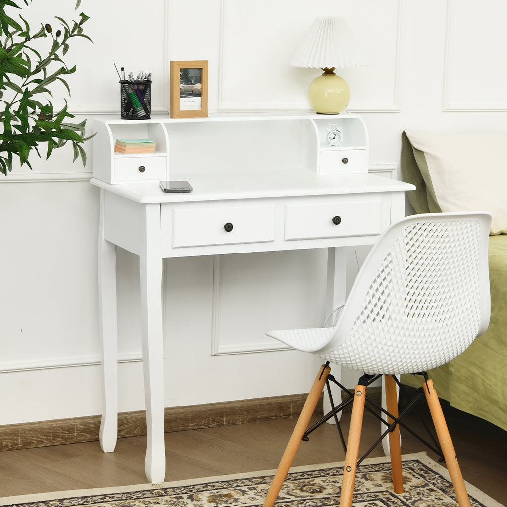 Vintage White Writing Desk with 4 Drawers & Storage Cabinet