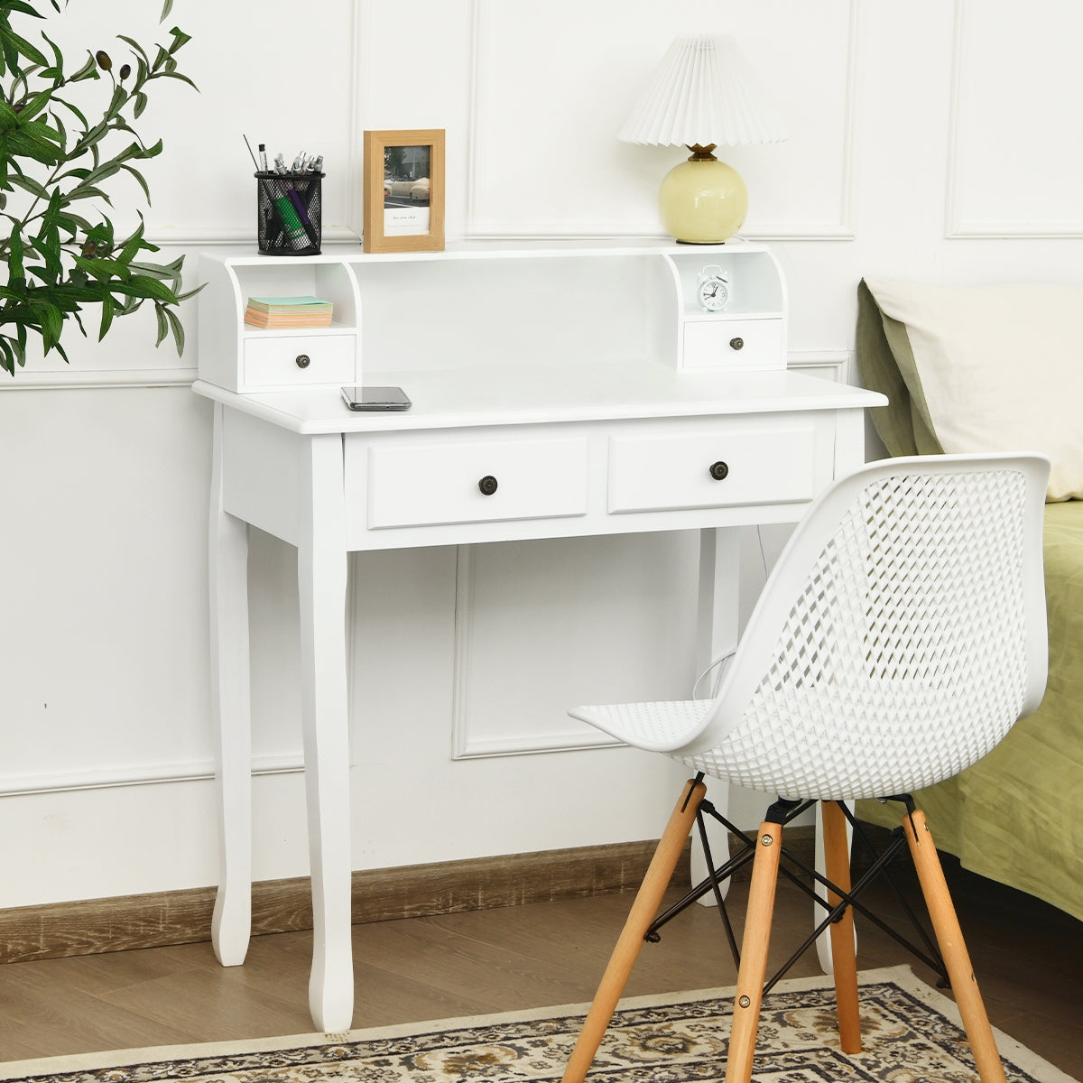Vintage White Writing Desk with 4 Drawers & Storage Cabinet