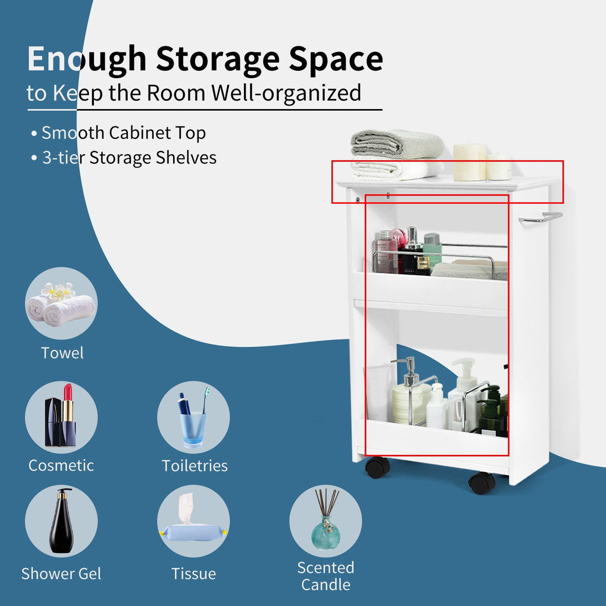 Slim Rolling 3-Tier Bathroom Storage Cabinet with Handle