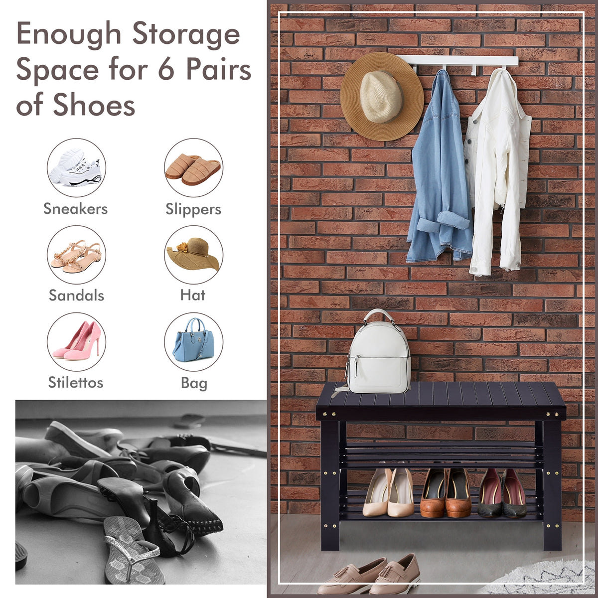 3-Tier Bamboo Shoe Rack Bench for Entryway