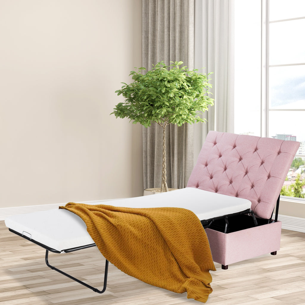 Folding Ottoman Sleeper Bed with Mattress, Pink