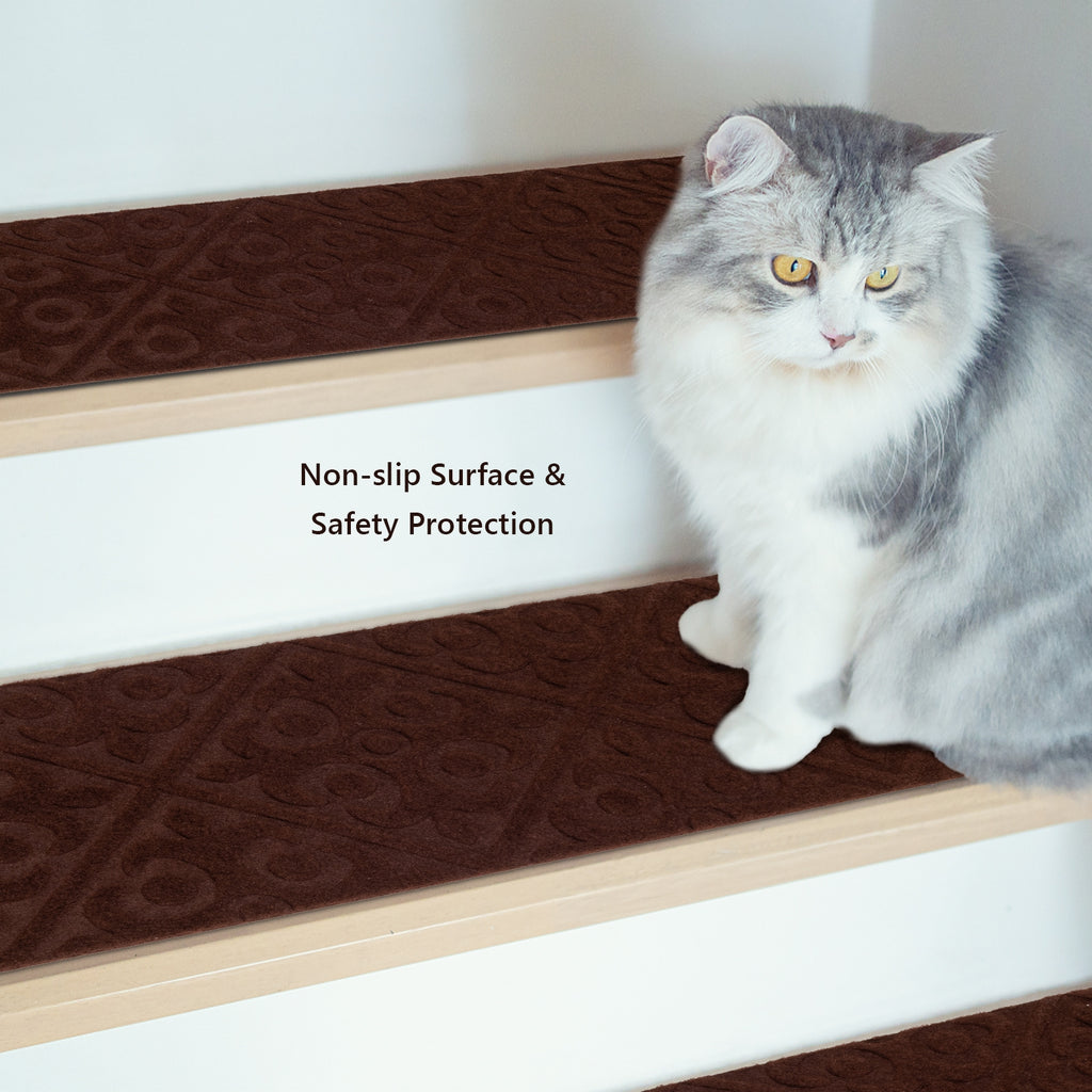 Brown Indoor Non-Slip Stair Carpet Mats - Protect & Reduce Noise, Reusable, Waterproof, 15 Pieces
