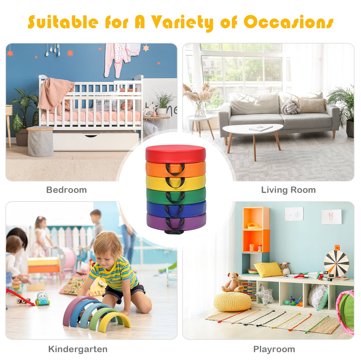 Multicolor 15 Inch Round Toddler Floor Cushions - 6 Pieces, Waterproof & Cushioned