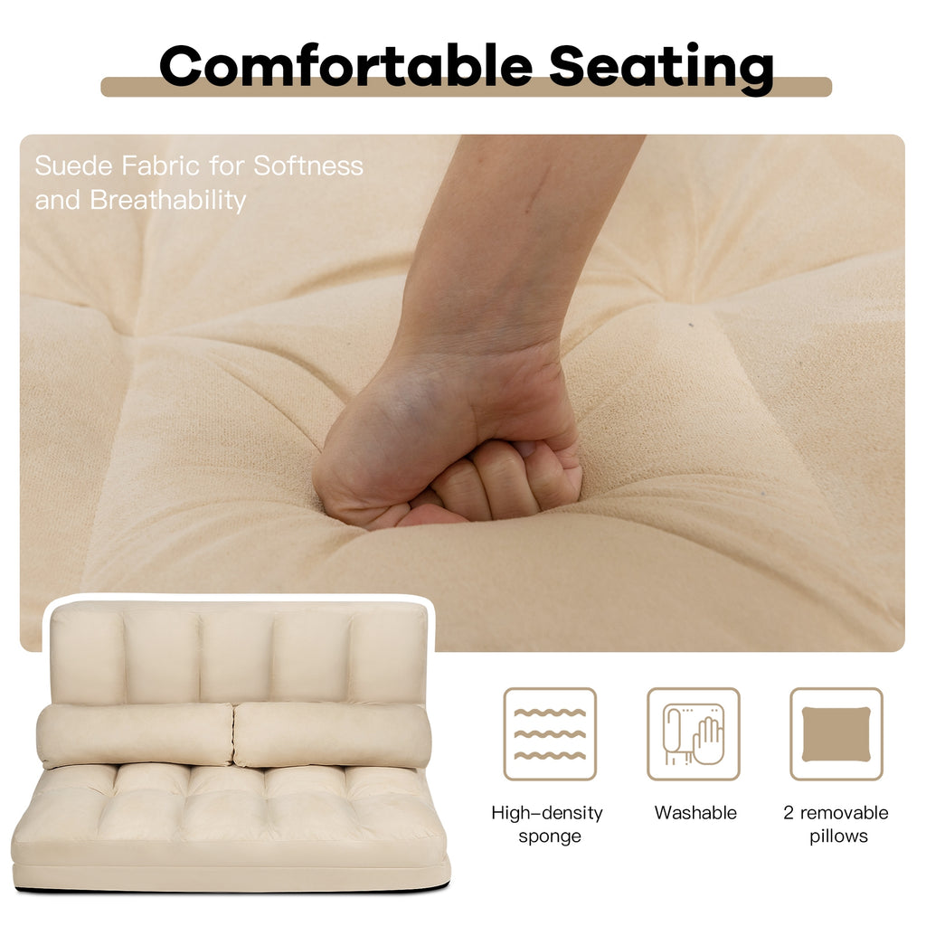 6-Position Foldable Floor Sofa Bed - Beige Composite Suede