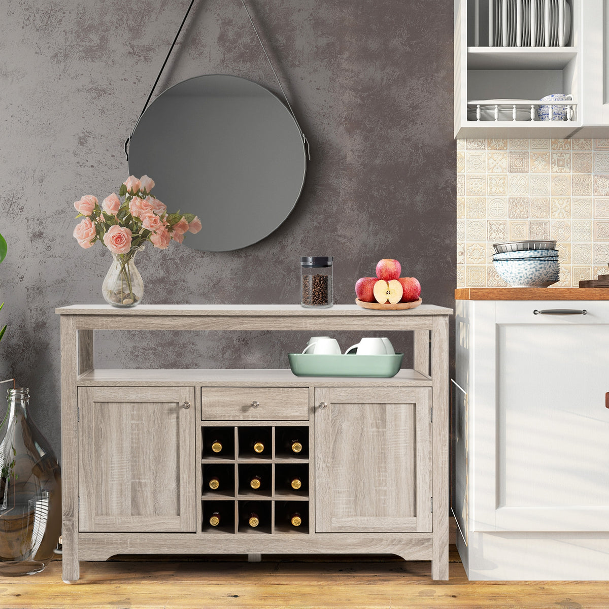 Buffet Sideboard with Wine Rack and Open Shelf - Gray
