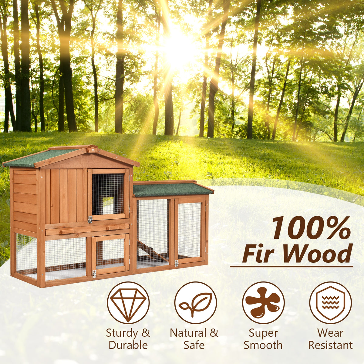 58 Inch Weatherproof Wooden Rabbit Hutch with Lockable Doors - Brown Variation