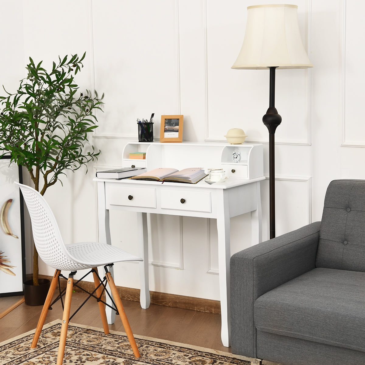 Vintage White Writing Desk with 4 Drawers & Storage Cabinet