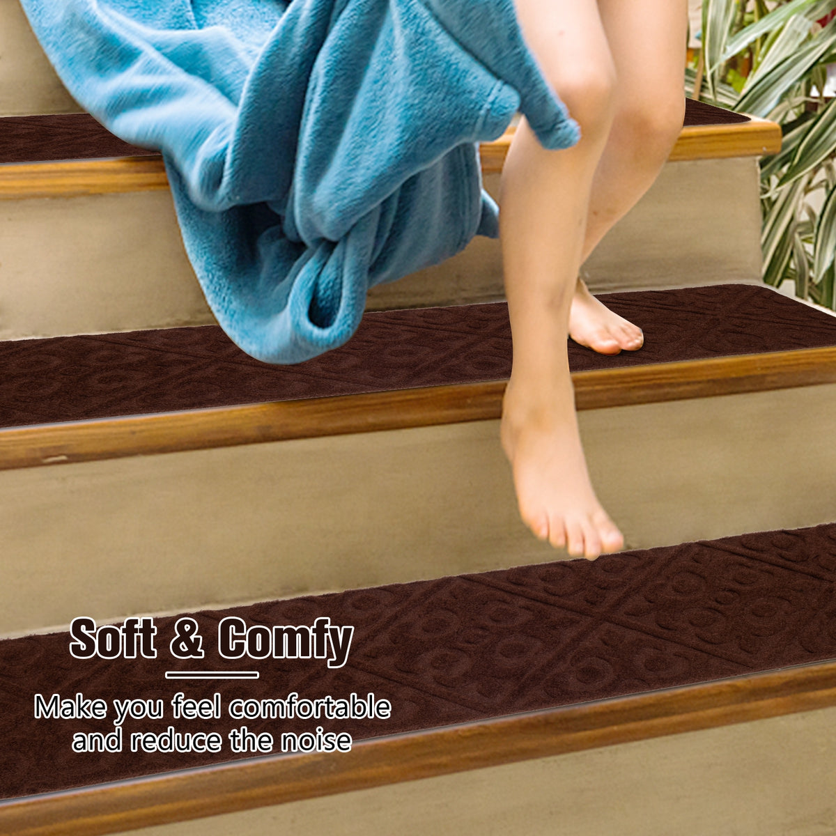 Brown Indoor Non-Slip Stair Carpet Mats - Protect & Reduce Noise, Reusable, Waterproof, 15 Pieces