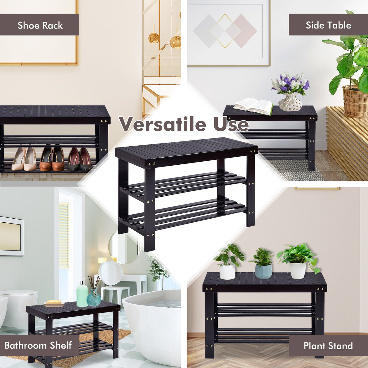 3-Tier Bamboo Shoe Rack Bench, Black