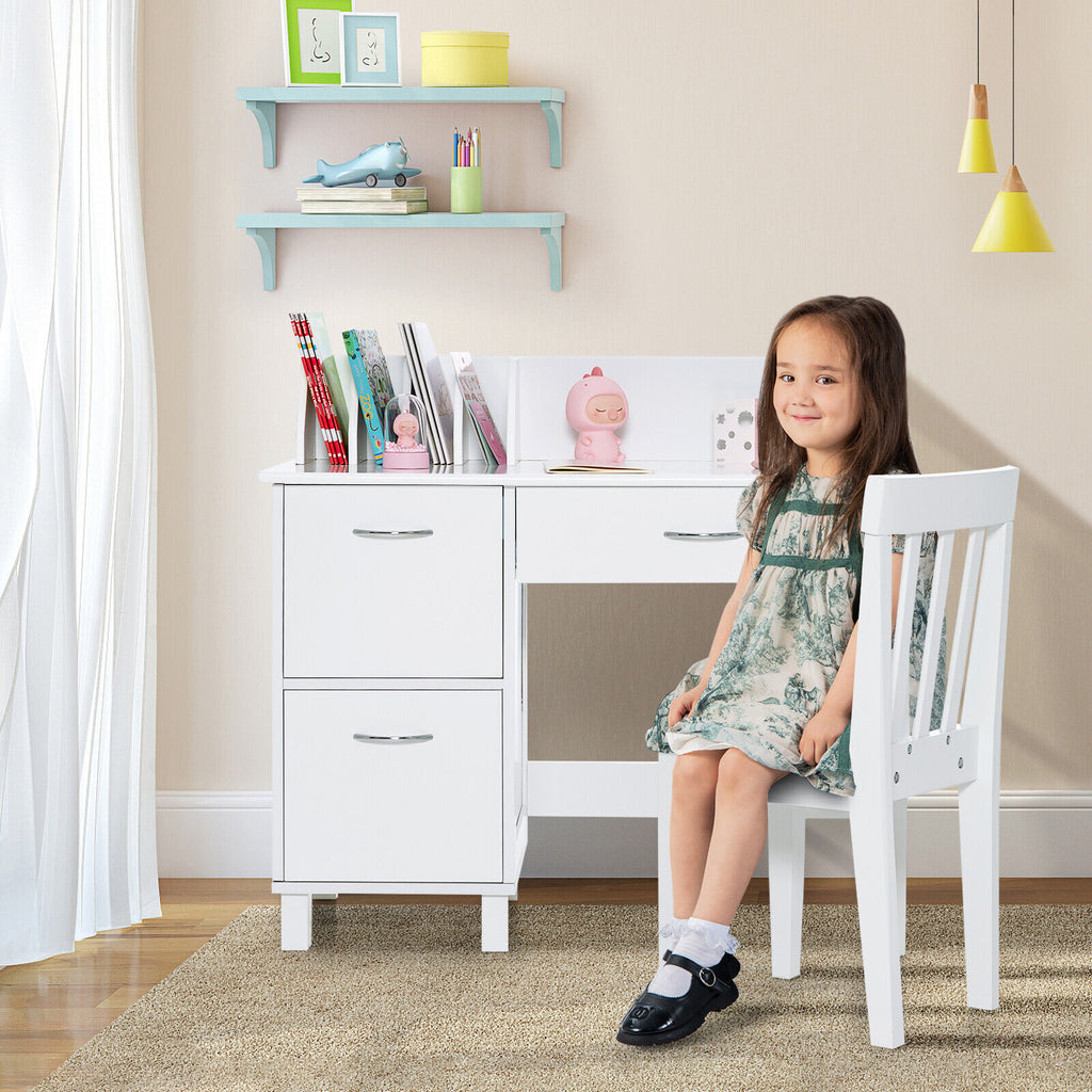 Kids Wooden Study Table and Chair Set with 3 Drawers and Storage Cabinet - Purple, Safe & Durable
