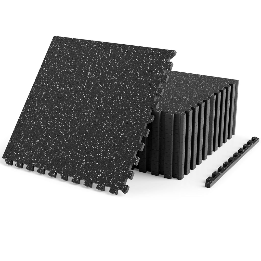 0.39 Inch Thick Rubber Exercise Mat 48 Sq Ft with Borders - Black/Blue Speckled, 12 Pack
