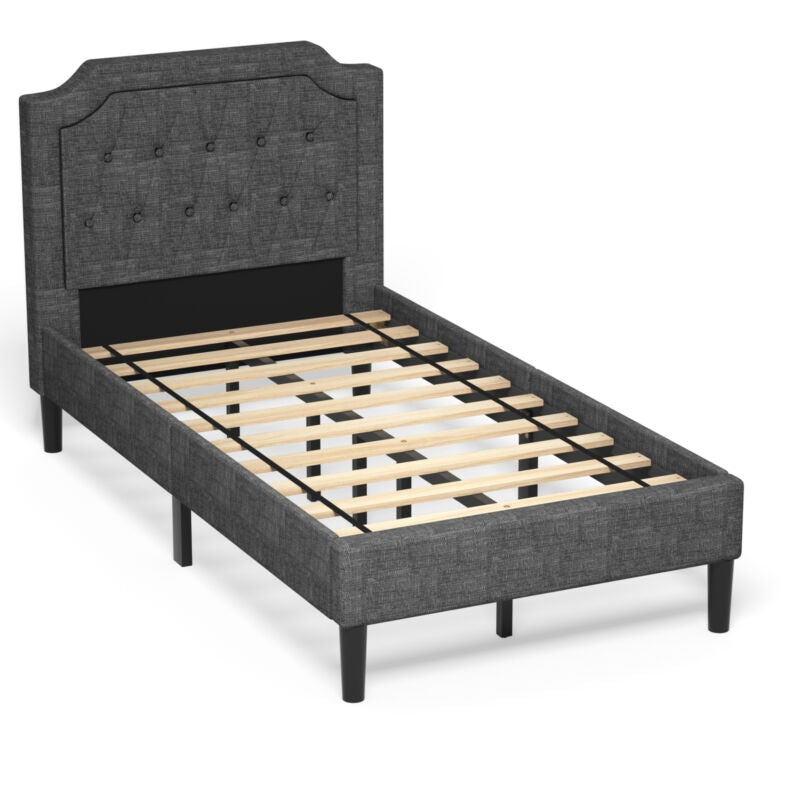 Linen Twin Upholstered Platform Bed with Button-Tufted Headboard