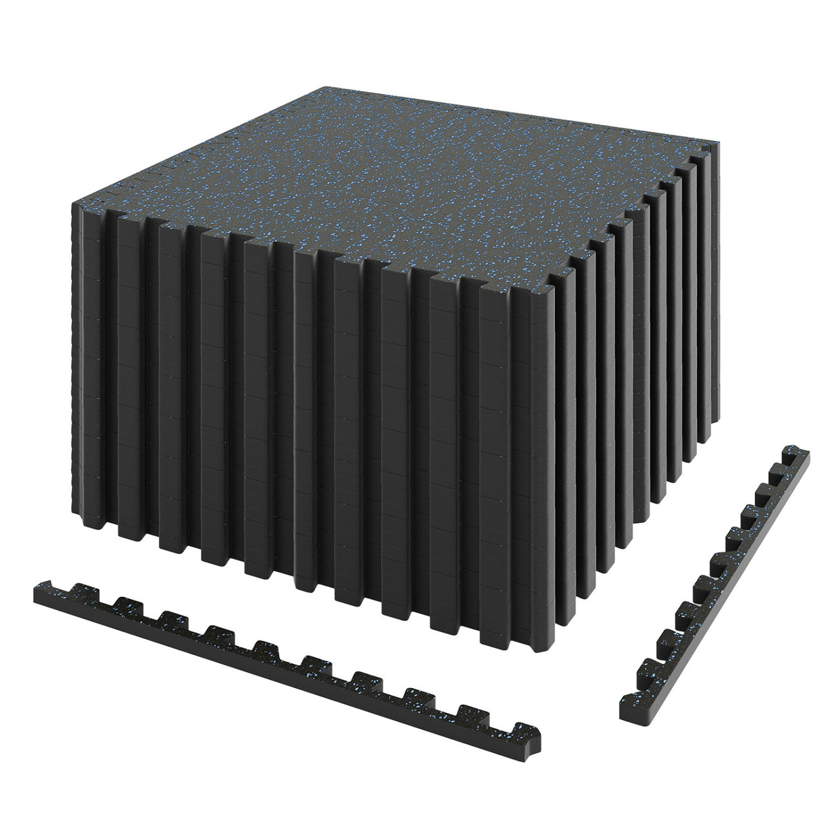 Set of 2 0.79 Inch Thick Rubber Exercise Mats with Borders - Black & Blue, 48 Sq Ft