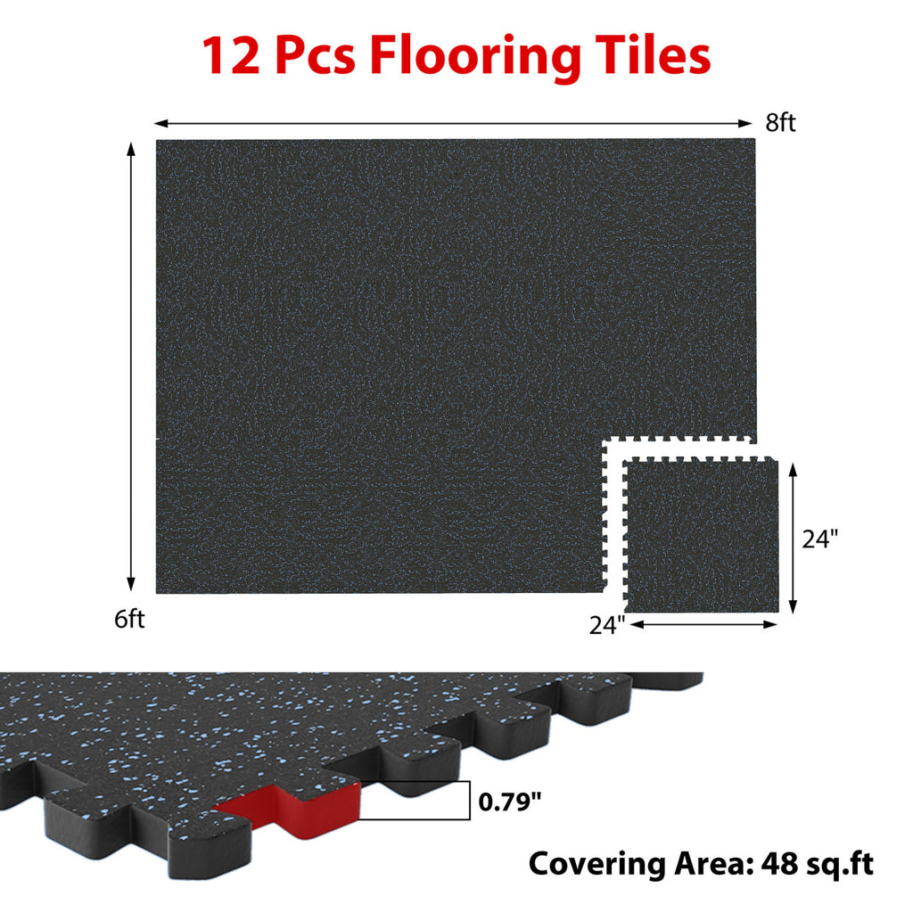 Set of 2 0.79 Inch Thick Rubber Exercise Mats with Borders - Black & Blue, 48 Sq Ft