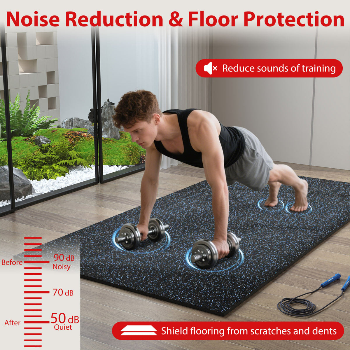 Set of 2 0.79 Inch Thick Rubber Exercise Mats with Borders - Black & Blue, 48 Sq Ft