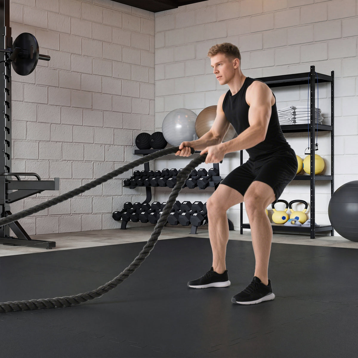 Set of 2 0.79 Inch Thick Rubber Top Exercise Mats - Black, 24 Pack, 48 Sq Ft