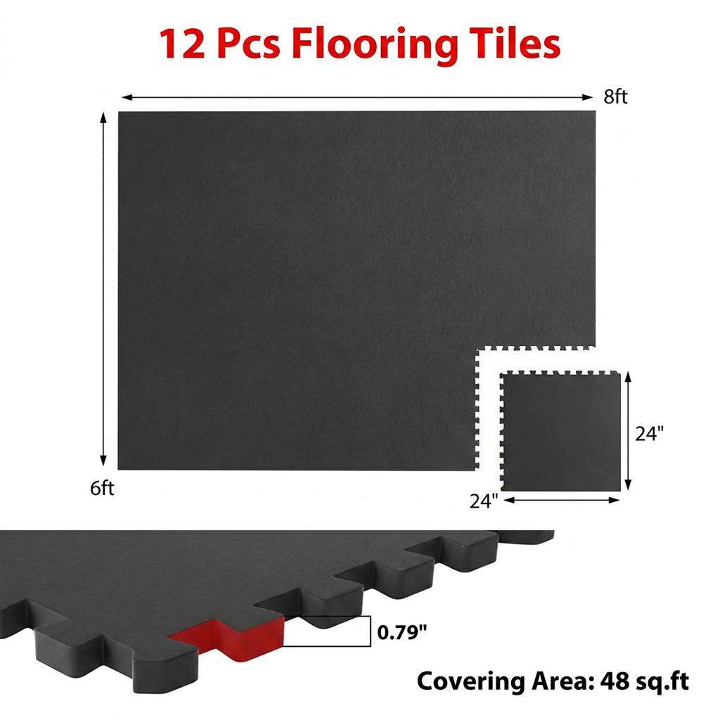 Set of 2 0.79 Inch Thick Rubber Top Exercise Mats - Black, 24 Pack, 48 Sq Ft