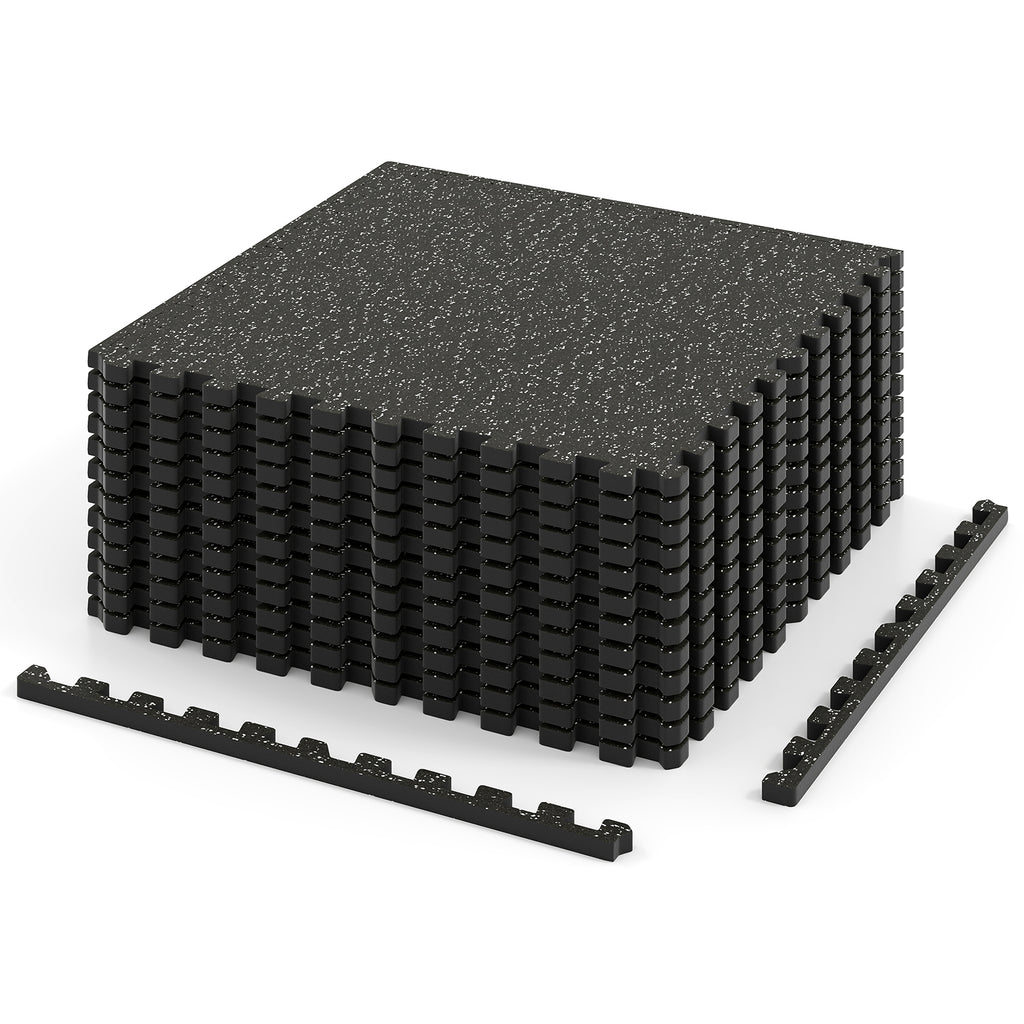 12 Pack Rubber Exercise Mats - 48 Sq Ft Interlocking Foam Tiles with Borders, Black & Gray