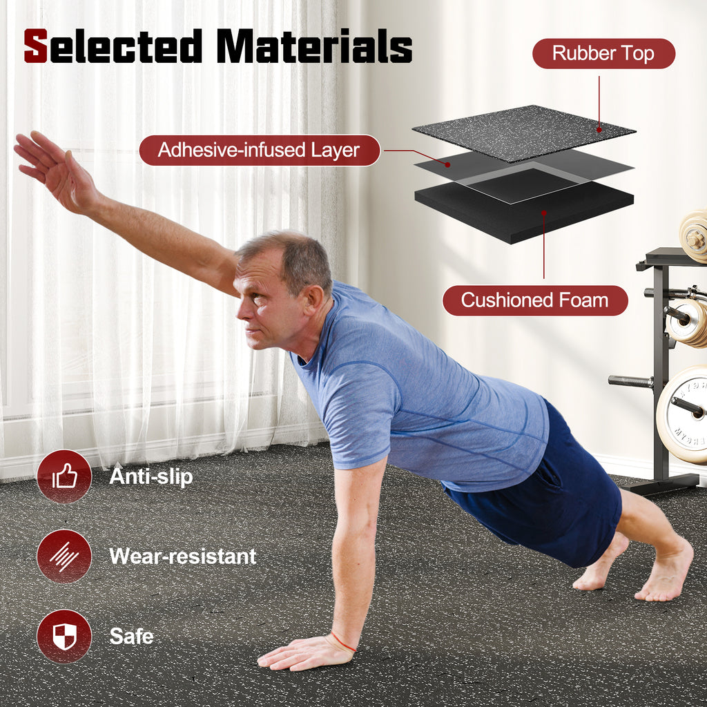 12 Pack Rubber Top Exercise Mats - Black & Gray Interlocking Foam Tiles, 48 Sq Ft