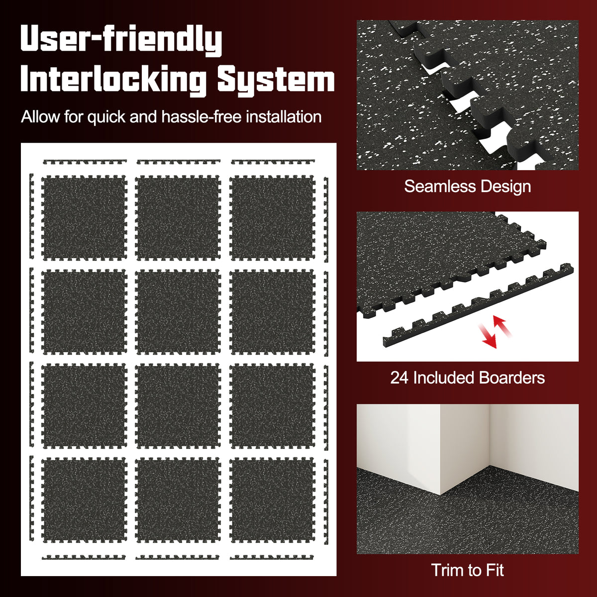 12 Pack Rubber Top Exercise Mats - Black & Gray Interlocking Foam Tiles, 48 Sq Ft