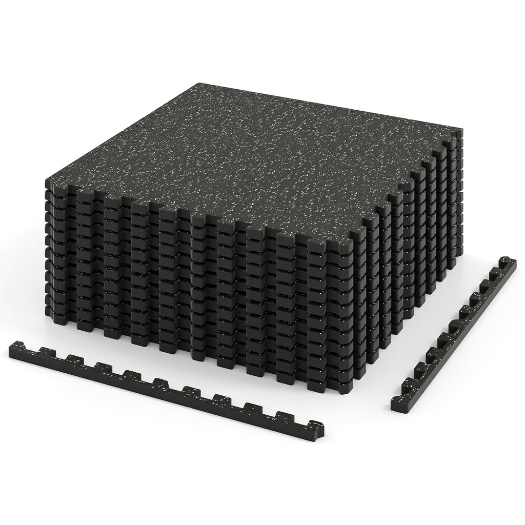 12 Pack Rubber Top Exercise Mats - 48 Sq Ft Interlocking Fitness Floor Tiles - Black