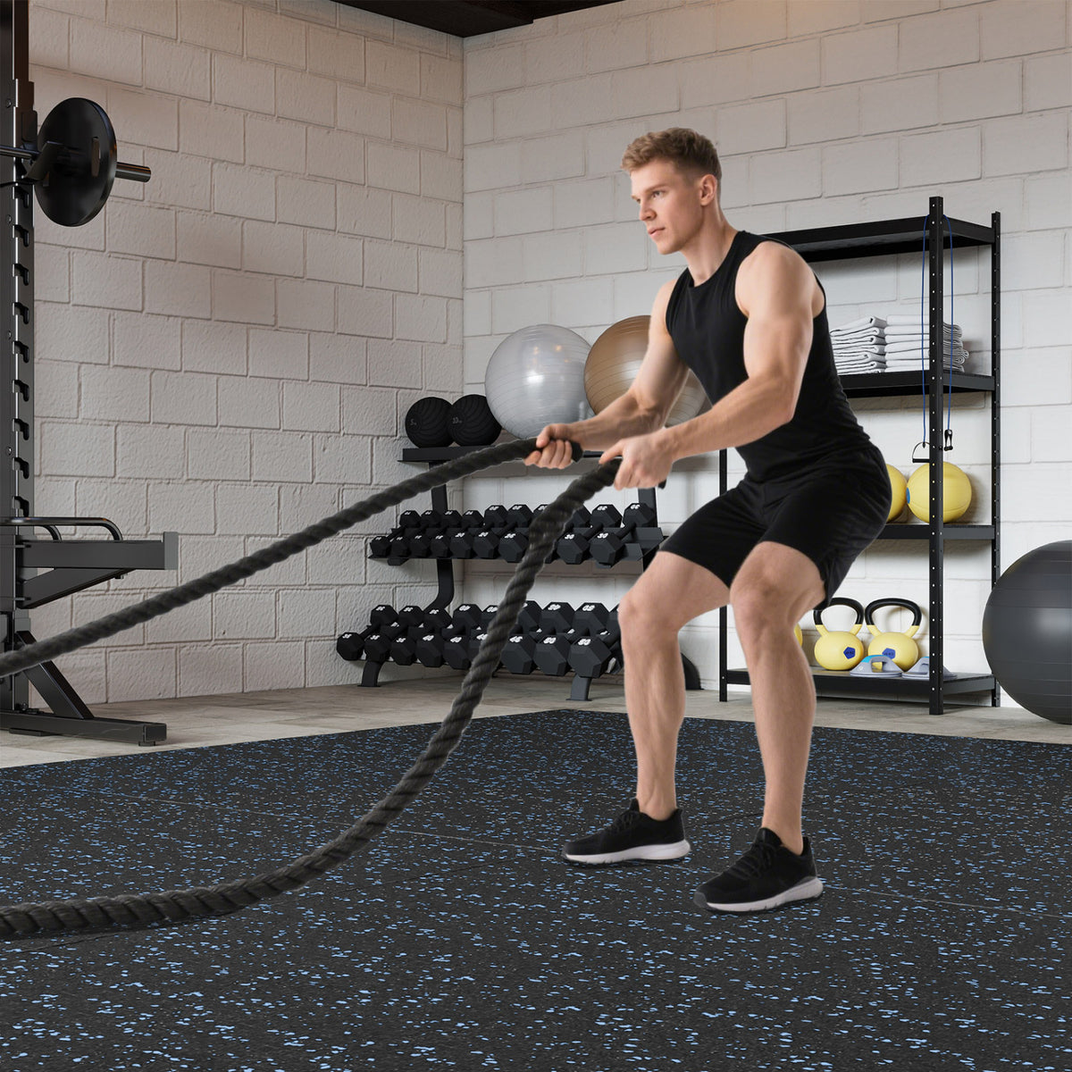 12 Pack Rubber Top Exercise Mats - 48 Sq Ft, Black & Blue, Thick Anti-Slip Workout Tiles