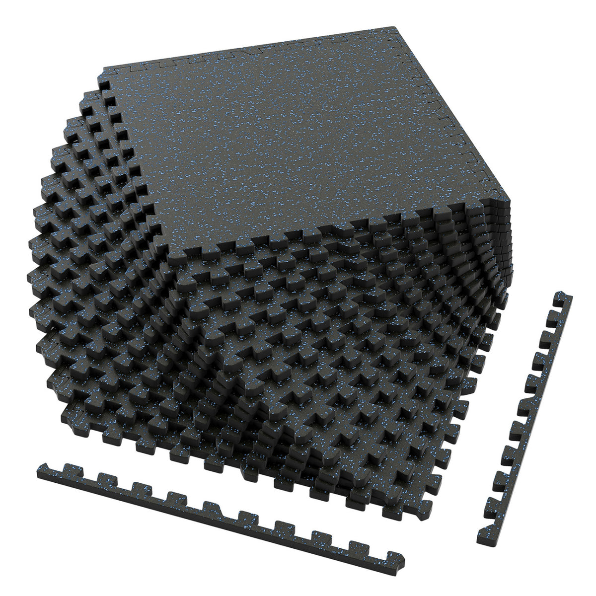 12 Pack Rubber Top Exercise Mats - 48 Sq Ft, Black & Blue, Thick Anti-Slip Workout Tiles