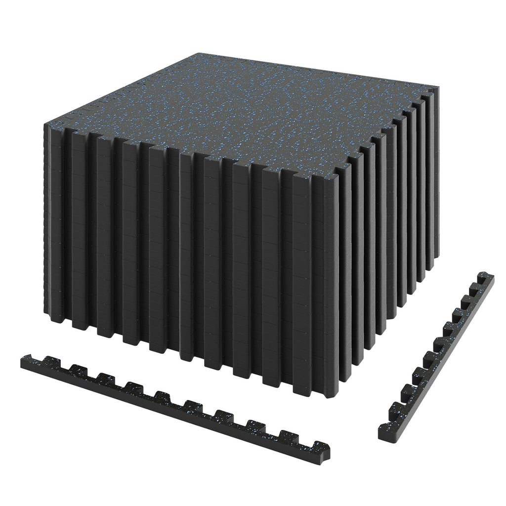 12 Pack Rubber Top Exercise Mats - 48 Sq Ft, Black & Blue, Thick Anti-Slip Workout Tiles