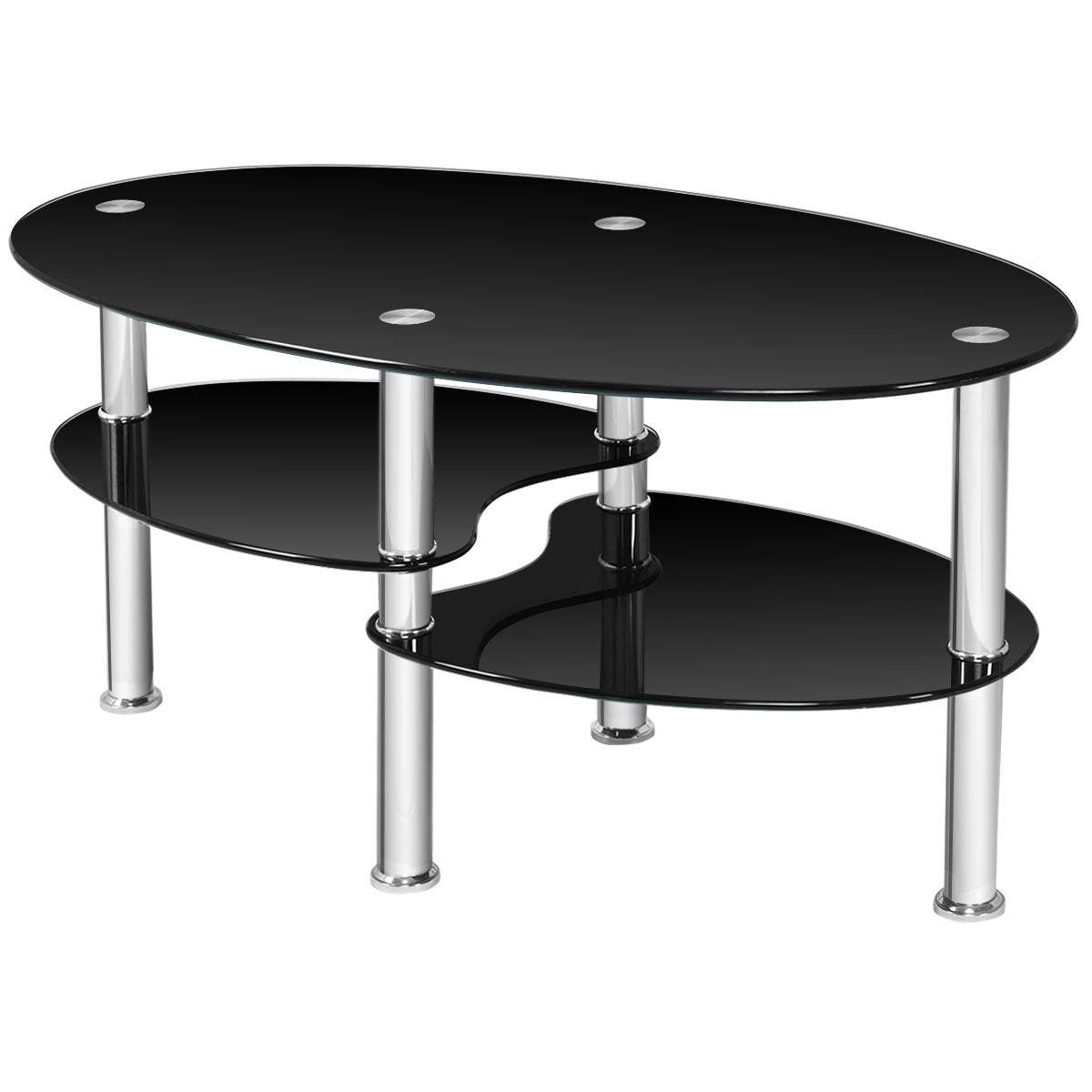 Tempered Glass Oval Coffee Table with Storage – Black