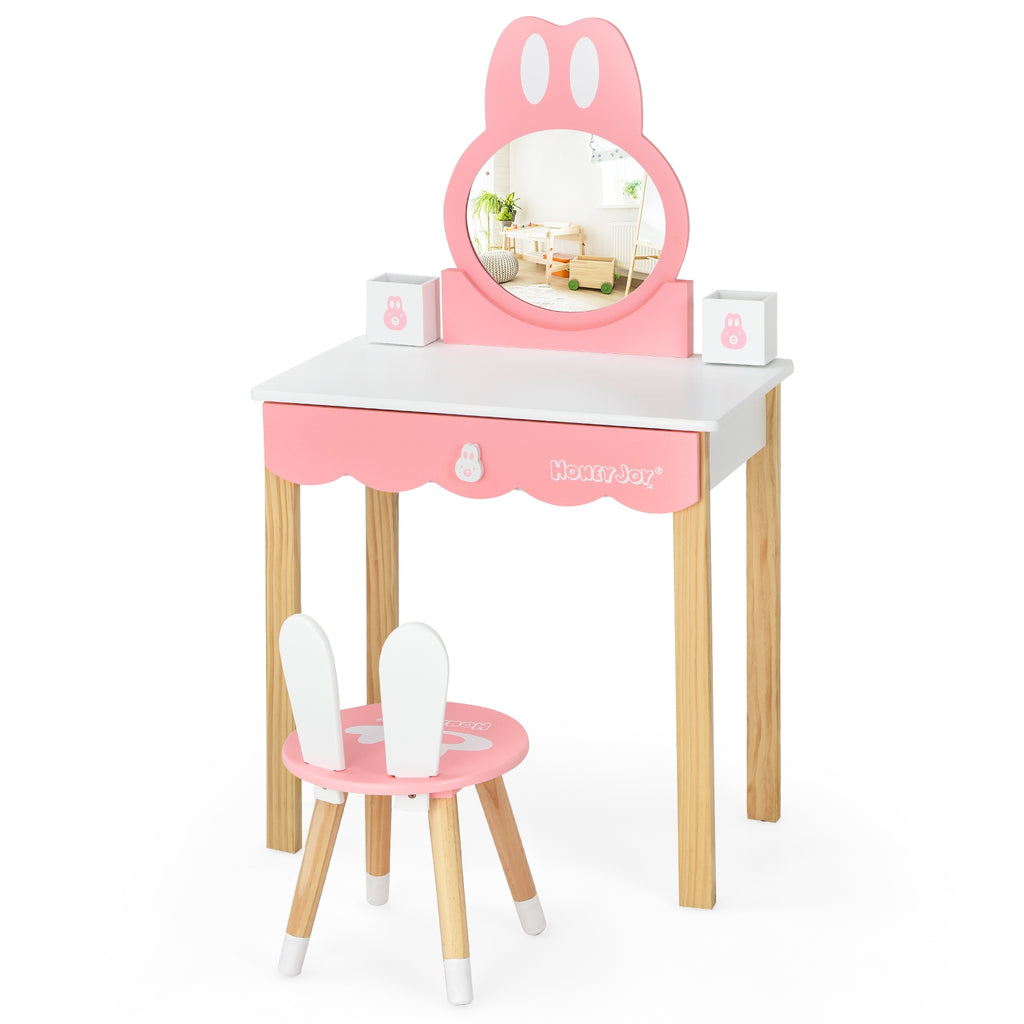 Kids Rabbit Vanity Table Chair Set with Mirror & Drawer - White