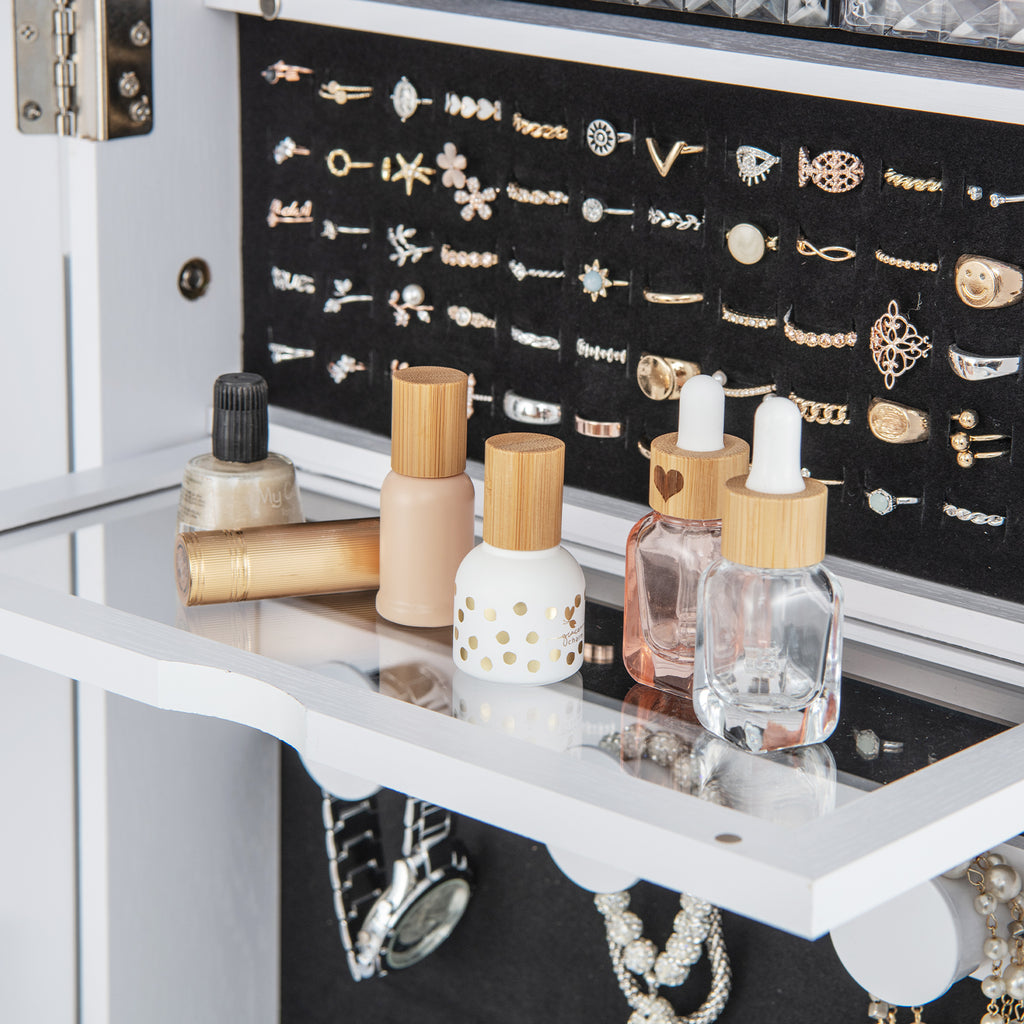 Lockable 360° Swivel Jewelry Cabinet with Full-Length Mirror, LED Lights - White