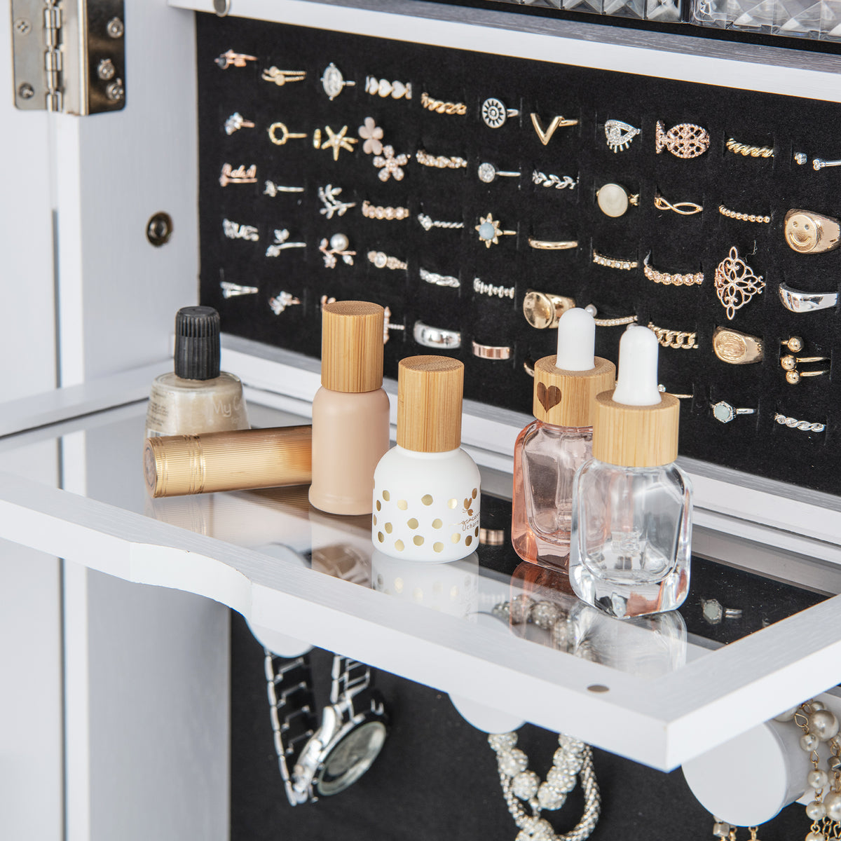 Lockable 360° Swivel Jewelry Cabinet with Full-Length Mirror, LED Lights - White