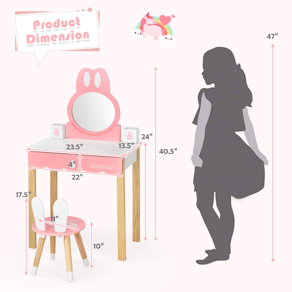 Kids Rabbit Vanity Table Chair Set with Mirror & Drawer - White