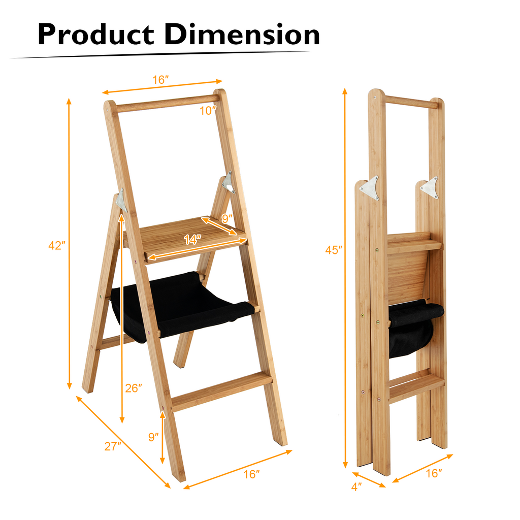 3 Step Foldable Bamboo Ladder Stool with Tool Storage Bag
