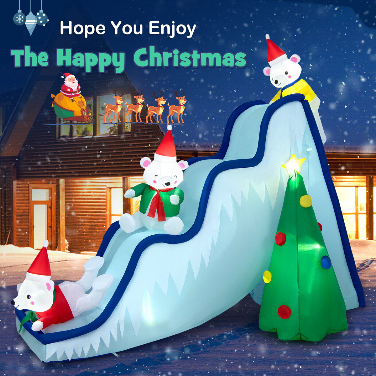 Inflatable Polar Bear Slide Scene Decoration with LED Lights - Outdoor Christmas Yard Decor