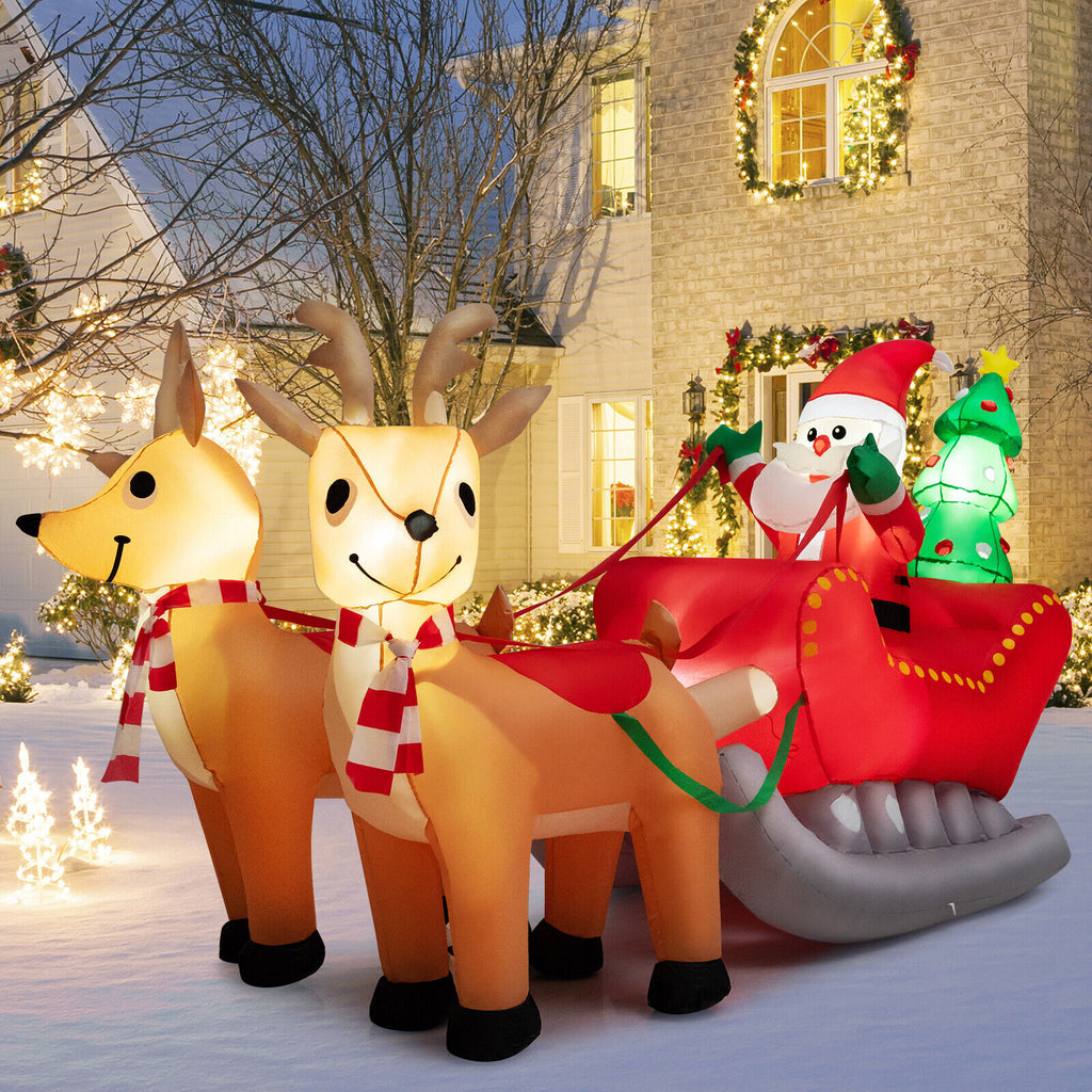 Inflatable Santa on Reindeer Sleigh with LED Lights - 7.2 Feet Christmas Yard Decor - Reindeer Pulling Style