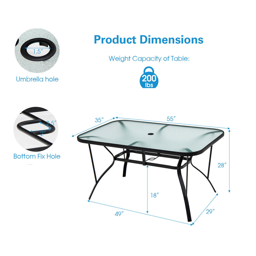 55" x 35" Patio Dining Table with Tempered Glass & Umbrella Hole