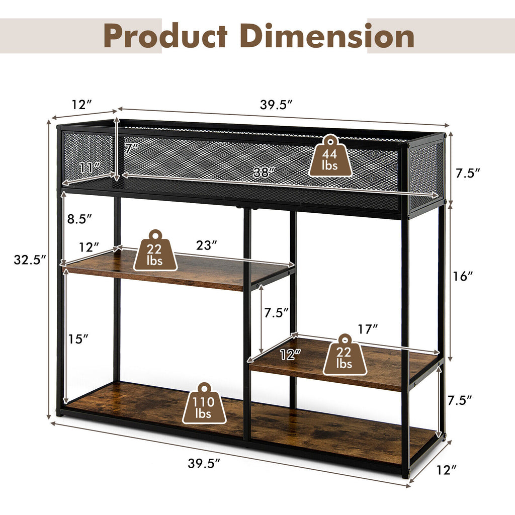4-Tier Industrial Console Table with Wire Basket - Rustic Brown