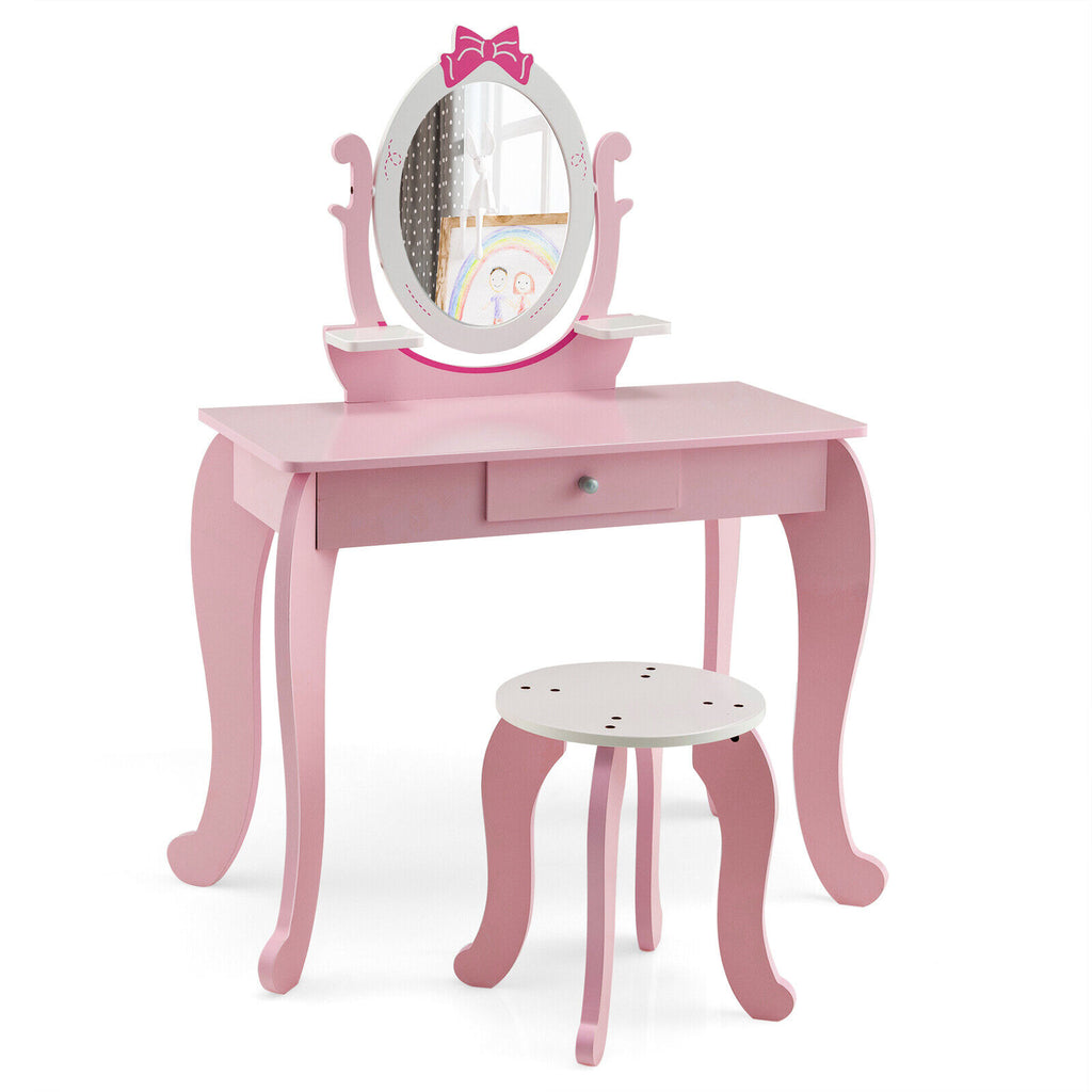 Kids Vanity Table Stool Set with Pink Storage Drawer & Rotatable Mirror - Costway